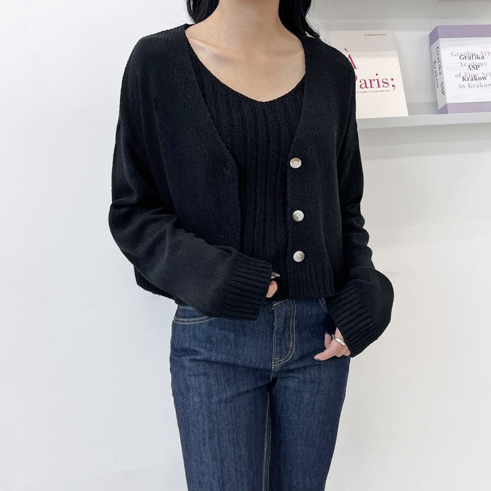 브이넥 골지나시니트가디건set