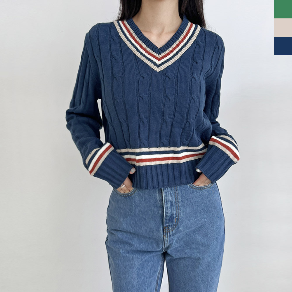 컬러 브이넥 꽈배기니트