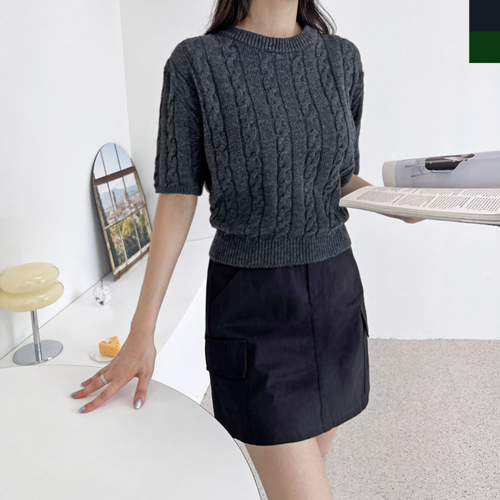 로렌 꽈배기반팔니트