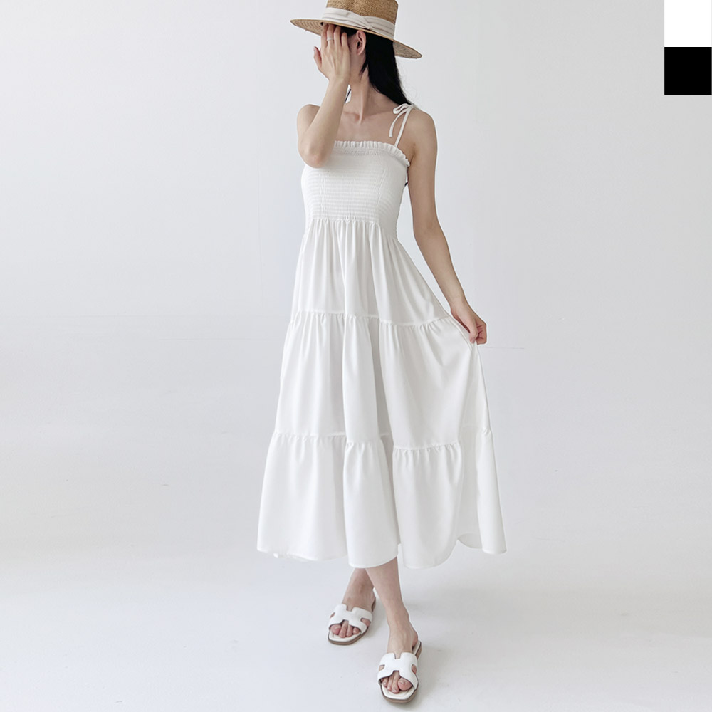 비치 튜브탑 끈나시 스모크 여름 롱원피스 무지 드레스