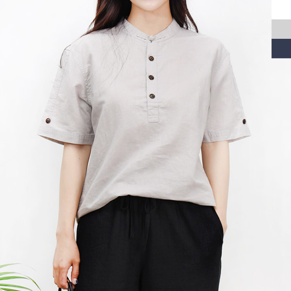 린넨여자차이나헨리넥반팔티셔츠