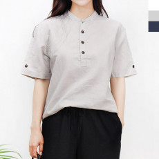 린넨여자차이나헨리넥반팔티셔츠