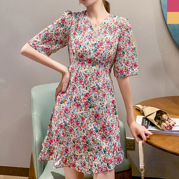 플라워패턴7부소매원피스