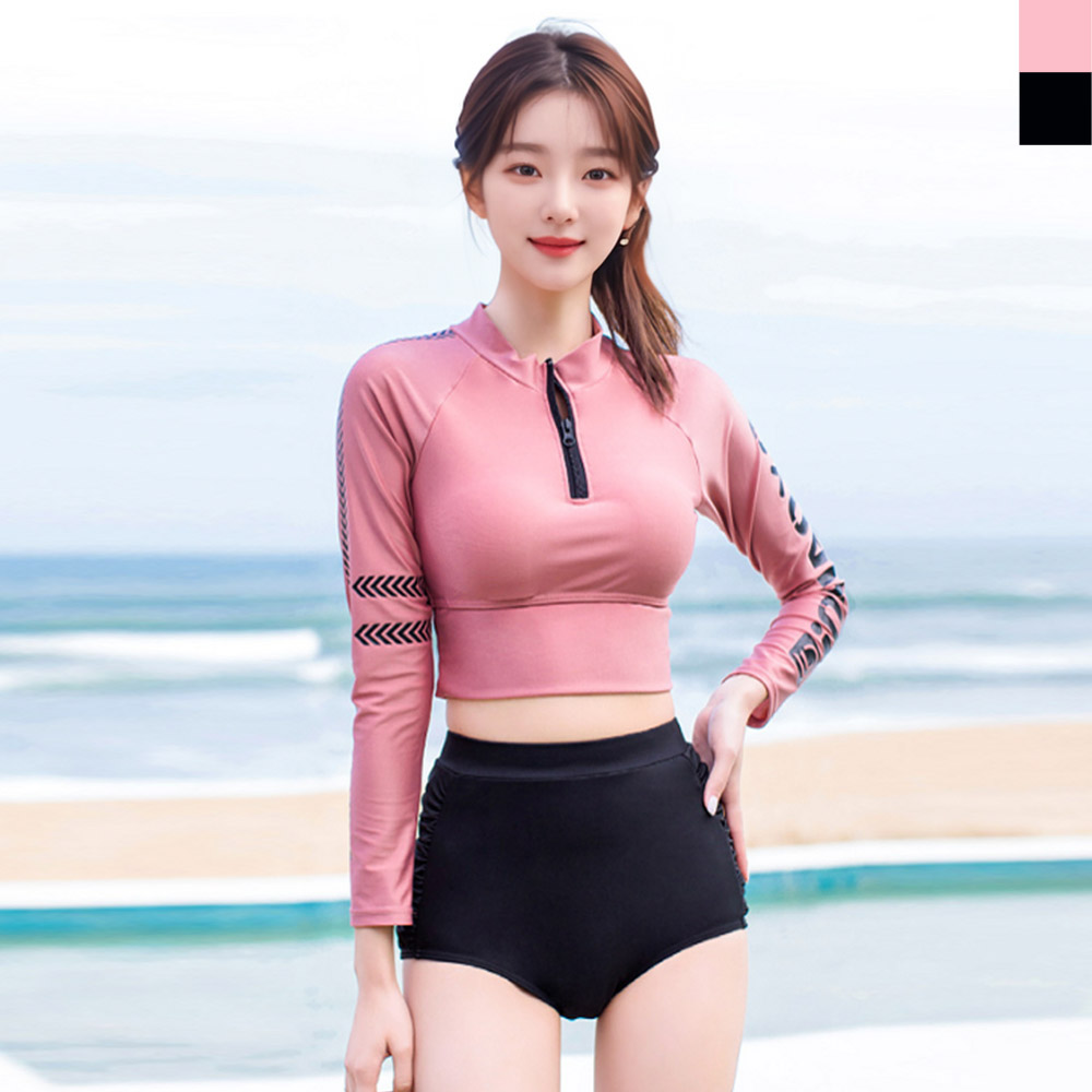 크롭래쉬가드 하이웨스트수영복세트-캡내장형