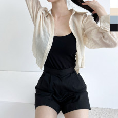 여름시스루 긴팔 롤업 크롭셔츠