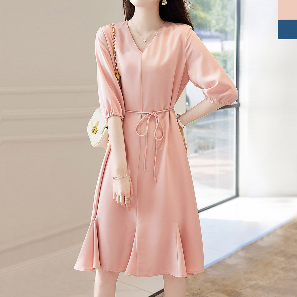 하늘하늘쉬폰브이넥반팔원피스