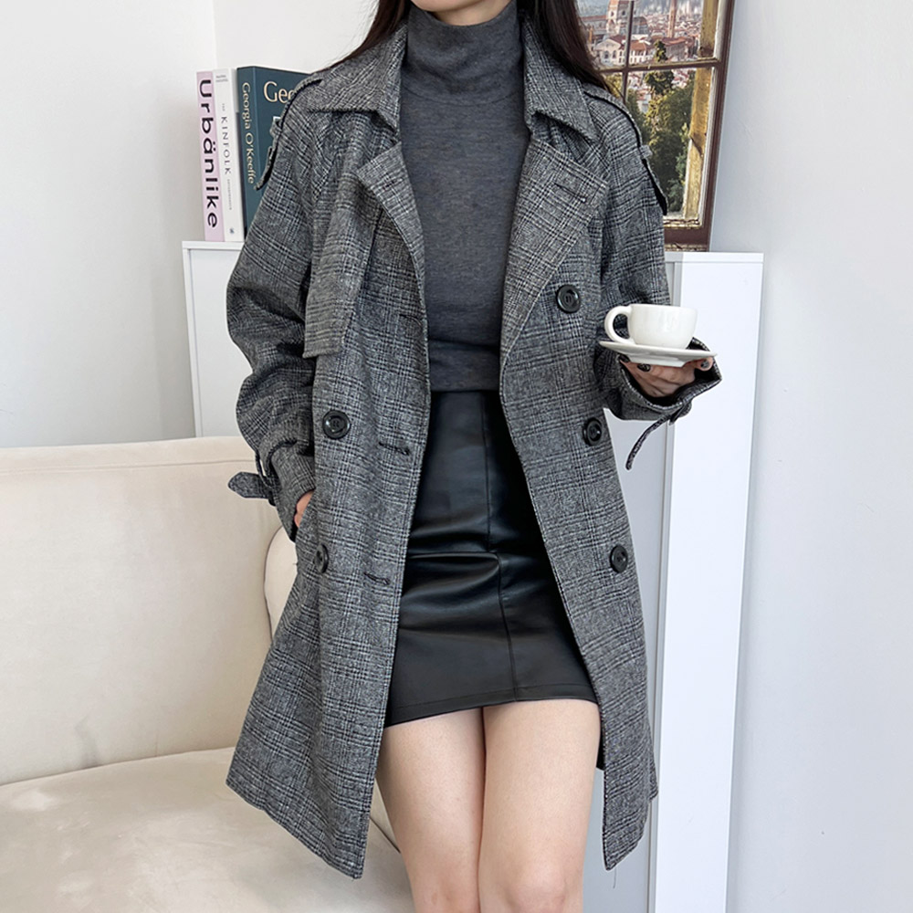 헤링본 체크 더블 트렌치코트