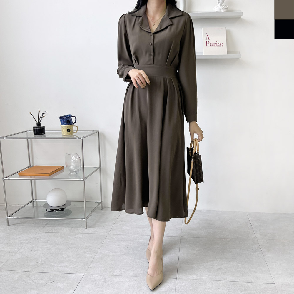 브이넥 로맨틱 핀턱롱원피스