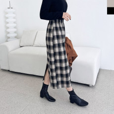 런던 체크 도톰 H라인 뒤트임 롱 스커트(기모안감)