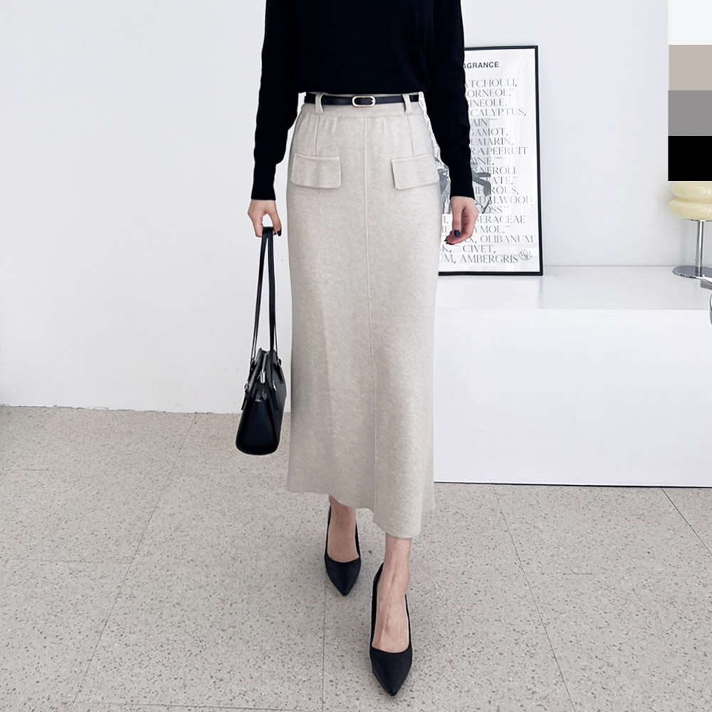도톰 H라인 뒤트임 니트 롱 울스커트(벨트세트)