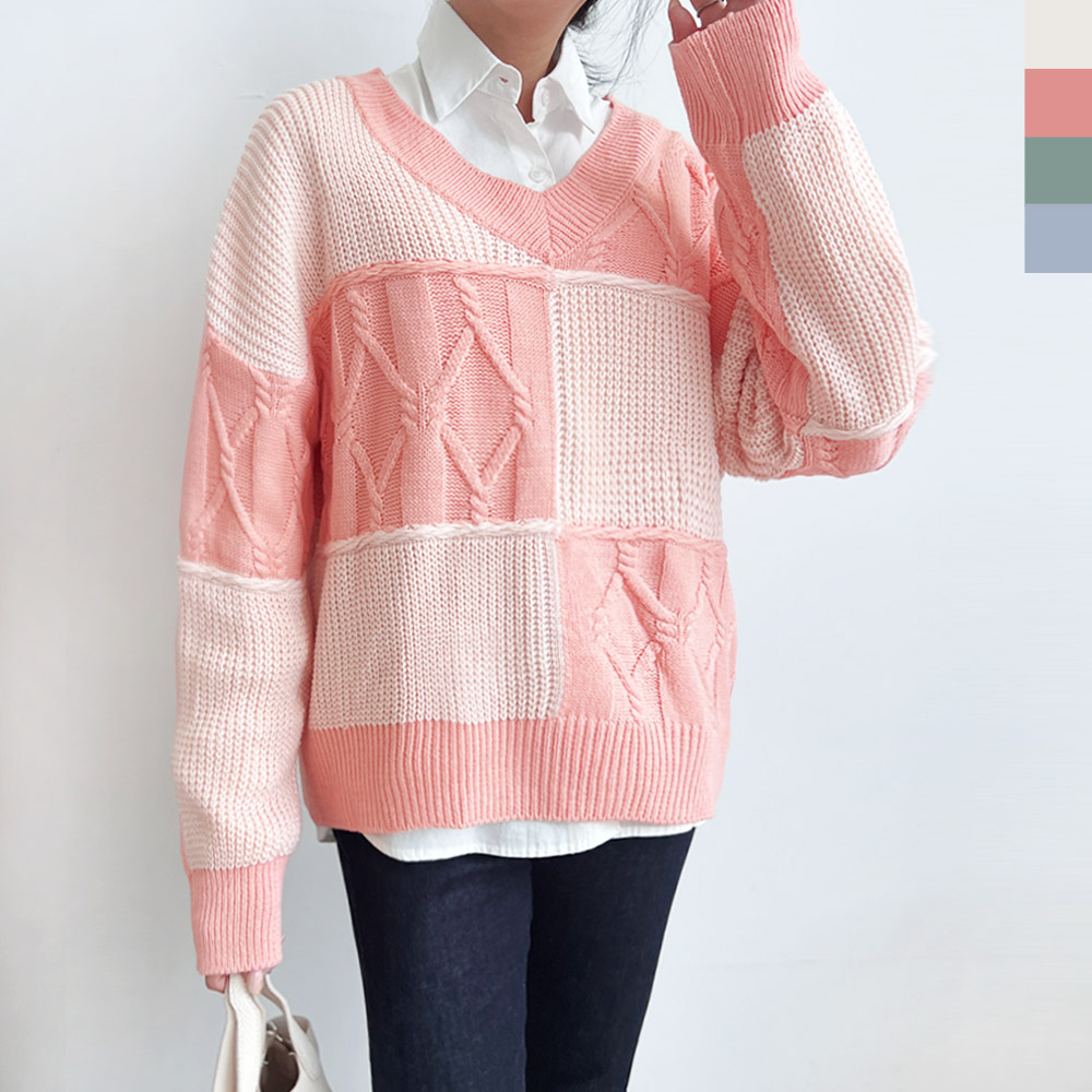 루즈핏브이넥사각케이블니트