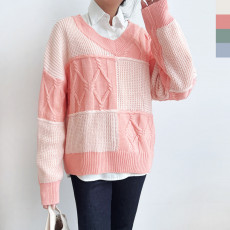 루즈핏브이넥사각케이블니트